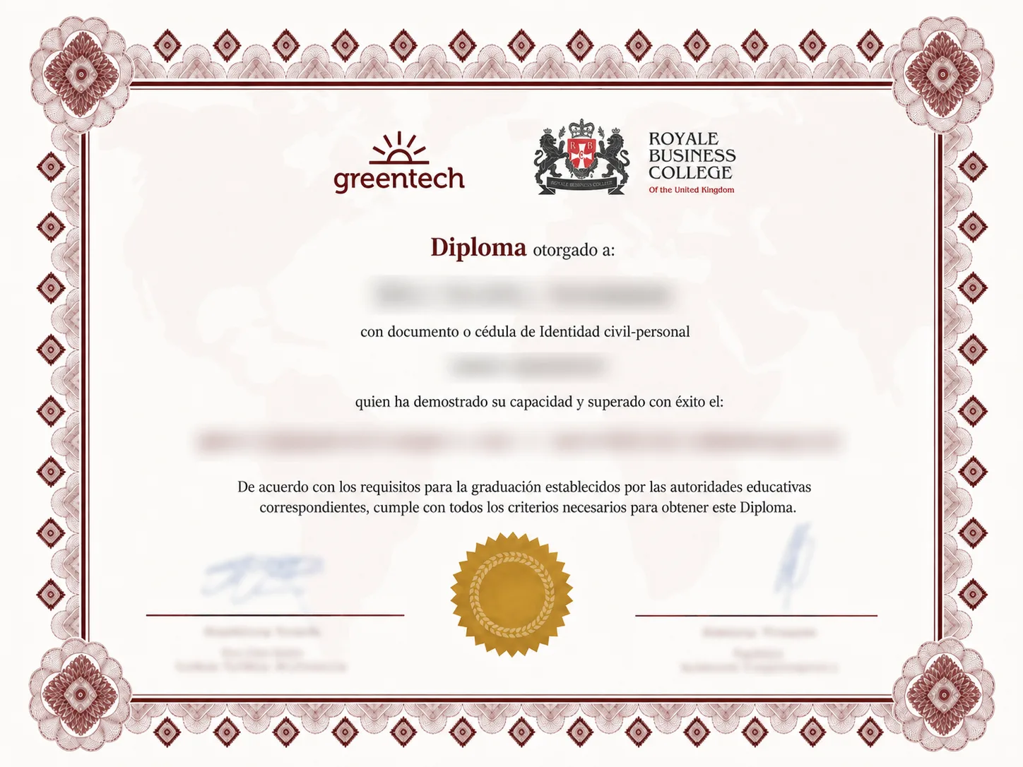 Ejemplo real del certificado con aval Royale Business College UK